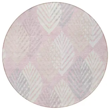 8' Pink Ivory And Beige Round Floral Washable Indoor Outdoor Area Rug
