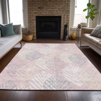 8' X 10' Pink Ivory And Beige Floral Washable Indoor Outdoor Area Rug
