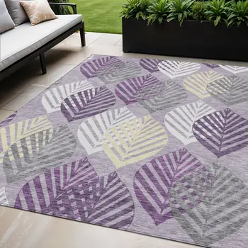 5' X 8' Purple Lavender And Beige Floral Washable Indoor Outdoor Area Rug