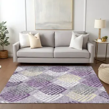 5' X 8' Purple Lavender And Beige Floral Washable Indoor Outdoor Area Rug