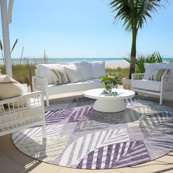 8' Purple Lavender And Beige Round Floral Washable Indoor Outdoor Area Rug