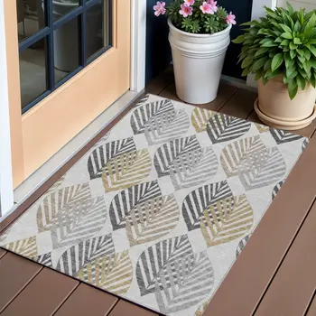 3' X 5' Silver Gray And Gold Floral Washable Indoor Outdoor Area Rug