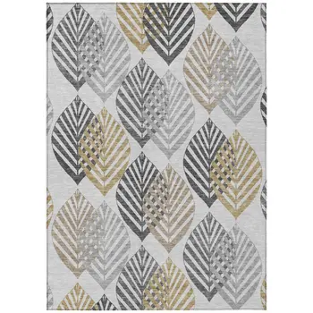 3' X 5' Silver Gray And Gold Floral Washable Indoor Outdoor Area Rug