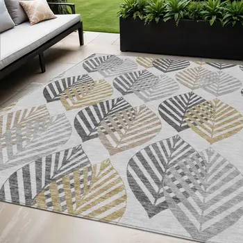 5' X 8' Silver Gray And Gold Floral Washable Indoor Outdoor Area Rug