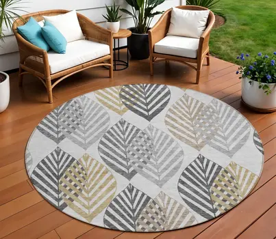 8' Silver Gray And Gold Round Floral Washable Indoor Outdoor Area Rug