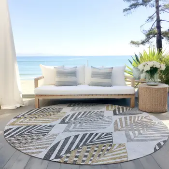 8' Silver Gray And Gold Round Floral Washable Indoor Outdoor Area Rug