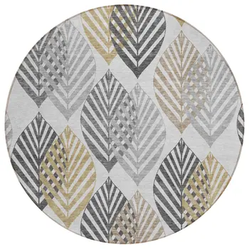 8' Silver Gray And Gold Round Floral Washable Indoor Outdoor Area Rug