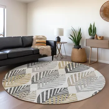 8' Silver Gray And Gold Round Floral Washable Indoor Outdoor Area Rug