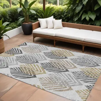 9' X 12' Silver Gray And Gold Floral Washable Indoor Outdoor Area Rug