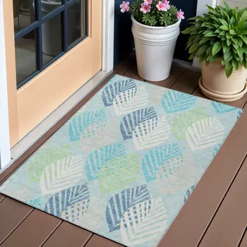 3' X 5' Teal Blue Aqua And Navy Blue Floral Washable Indoor Outdoor Area Rug