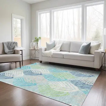 3' X 5' Teal Blue Aqua And Navy Blue Floral Washable Indoor Outdoor Area Rug
