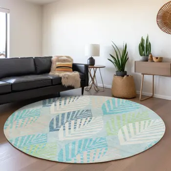 8' Teal Blue Aqua And Navy Blue Round Floral Washable Indoor Outdoor Area Rug