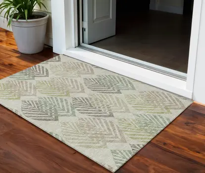 3' X 5' Taupe Beige And Artichoke Green Floral Washable Indoor Outdoor Area Rug