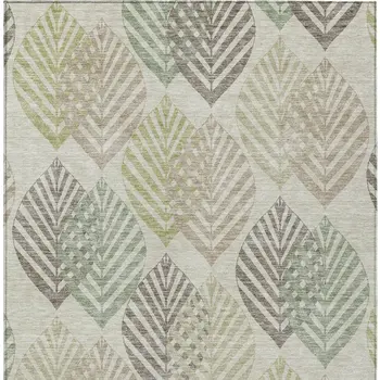 10' X 14' Taupe Beige And Artichoke Green Floral Washable Indoor Outdoor Area Rug