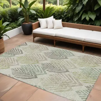 10' X 14' Taupe Beige And Artichoke Green Floral Washable Indoor Outdoor Area Rug