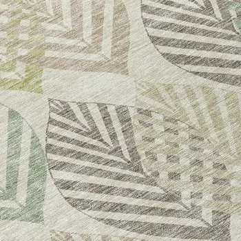 10' X 14' Taupe Beige And Artichoke Green Floral Washable Indoor Outdoor Area Rug