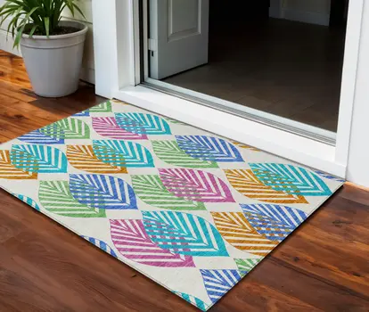 3' X 5' White Orange And Blue Floral Washable Indoor Outdoor Area Rug