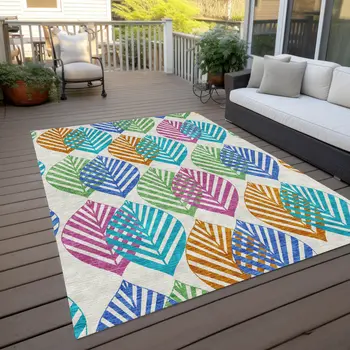 3' X 5' White Orange And Blue Floral Washable Indoor Outdoor Area Rug