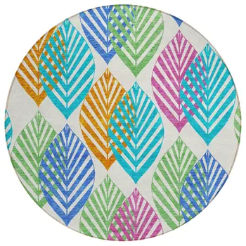 8' White Orange And Blue Round Floral Washable Indoor Outdoor Area Rug