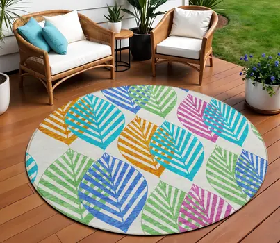 8' White Orange And Blue Round Floral Washable Indoor Outdoor Area Rug