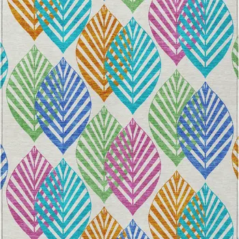 8' X 10' White Orange And Blue Floral Washable Indoor Outdoor Area Rug