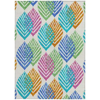 9' X 12' White Orange And Blue Floral Washable Indoor Outdoor Area Rug