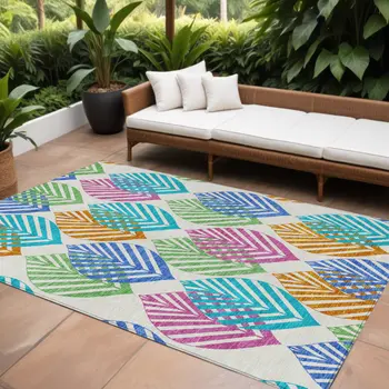 10' X 14' White Orange And Blue Floral Washable Indoor Outdoor Area Rug