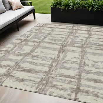 5' X 8' Beige Brown And Taupe Striped Washable Indoor Outdoor Area Rug
