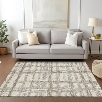 5' X 8' Beige Brown And Taupe Striped Washable Indoor Outdoor Area Rug