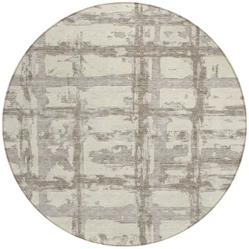 8' Beige Brown And Taupe Round Striped Washable Indoor Outdoor Area Rug