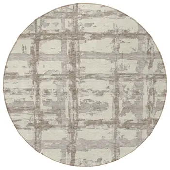 8' Beige Brown And Taupe Round Striped Washable Indoor Outdoor Area Rug