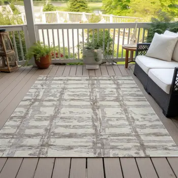 9' X 12' Beige Brown And Taupe Striped Washable Indoor Outdoor Area Rug