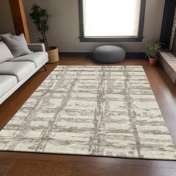 9' X 12' Beige Brown And Taupe Striped Washable Indoor Outdoor Area Rug
