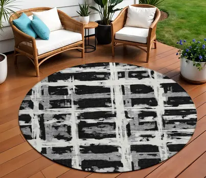 8' Black Gray And Silver Round Striped Washable Indoor Outdoor Area Rug