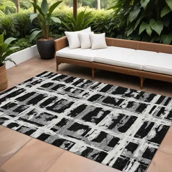 8' X 10' Black Gray And Silver Striped Washable Indoor Outdoor Area Rug