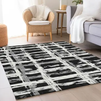 10' X 14' Black Gray And Silver Striped Washable Indoor Outdoor Area Rug