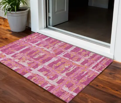3' X 5' Blush Pink And Orange Striped Washable Indoor Outdoor Area Rug