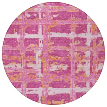8' Blush Pink And Orange Round Striped Washable Indoor Outdoor Area Rug