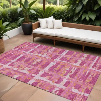 9' X 12' Blush Pink And Orange Striped Washable Indoor Outdoor Area Rug