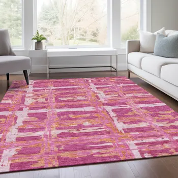 9' X 12' Blush Pink And Orange Striped Washable Indoor Outdoor Area Rug