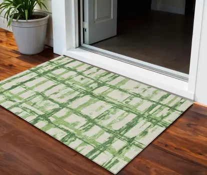 3' X 5' Artichoke Green And Emerald Striped Washable Indoor Outdoor Area Rug