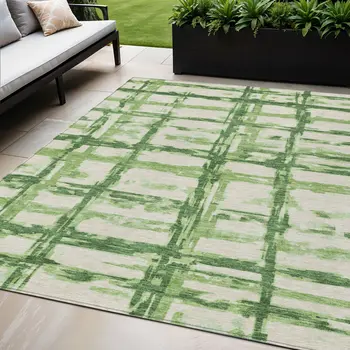 5' X 8' Artichoke Green And Emerald Striped Washable Indoor Outdoor Area Rug