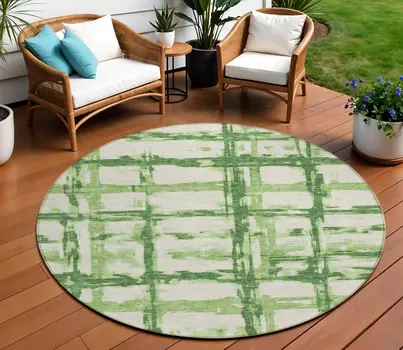 8' Artichoke Green And Emerald Round Striped Washable Indoor Outdoor Area Rug