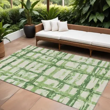 10' X 14' Artichoke Green And Emerald Striped Washable Indoor Outdoor Area Rug