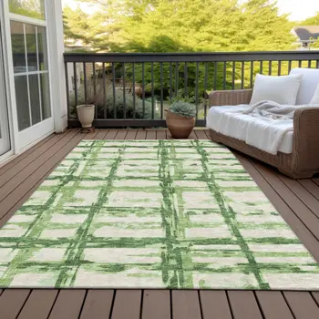 10' X 14' Artichoke Green And Emerald Striped Washable Indoor Outdoor Area Rug