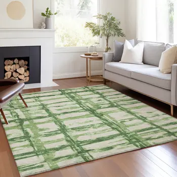 10' X 14' Artichoke Green And Emerald Striped Washable Indoor Outdoor Area Rug