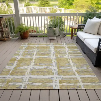 5' X 8' Gold Beige And Gray Striped Washable Indoor Outdoor Area Rug