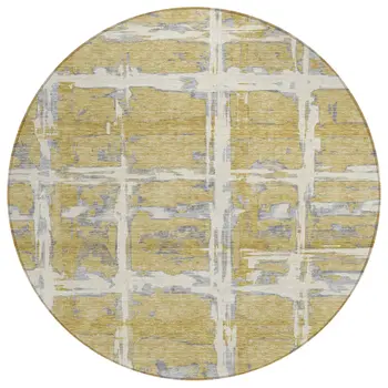 8' Gold Beige And Gray Round Striped Washable Indoor Outdoor Area Rug