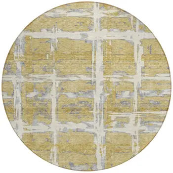 8' Gold Beige And Gray Round Striped Washable Indoor Outdoor Area Rug