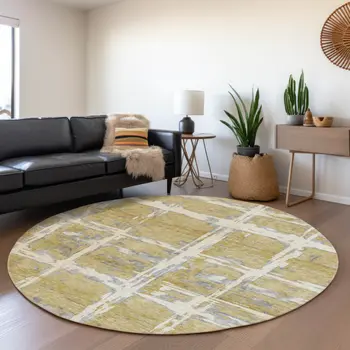 8' Gold Beige And Gray Round Striped Washable Indoor Outdoor Area Rug